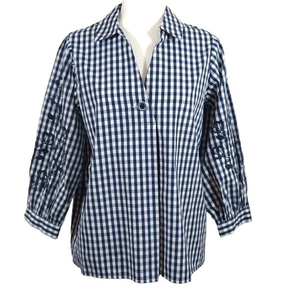 E Karl Lagerfeld Blue White Gingham Plaid Cottage Embroidered Top Shirt NWT S - Picture 1 of 9